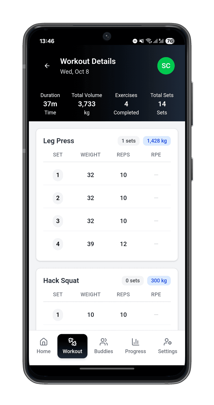 Screenshot of buddy workout